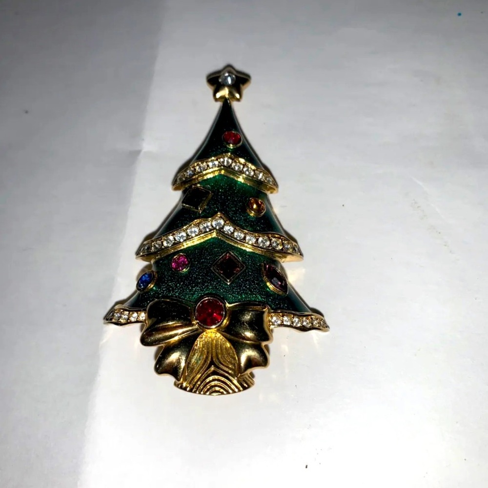 Gorgeous Christmas Tree Pin Brooch Signed FM Franklin Mint - Rhinestones